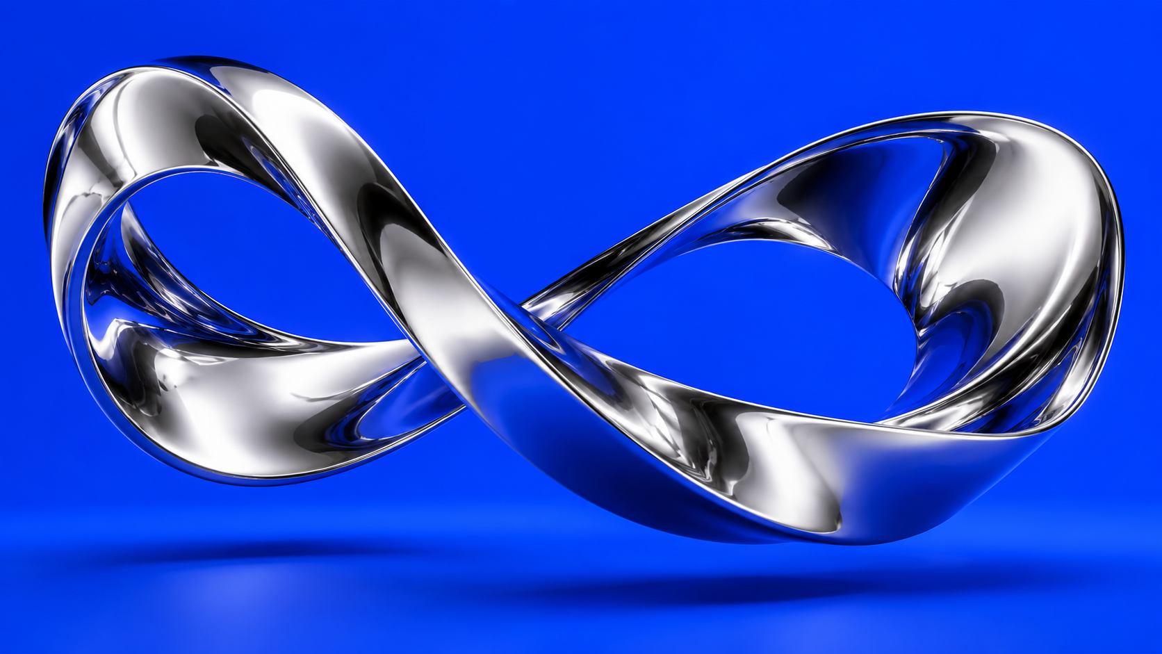Sculptural chrome loop against electric blue