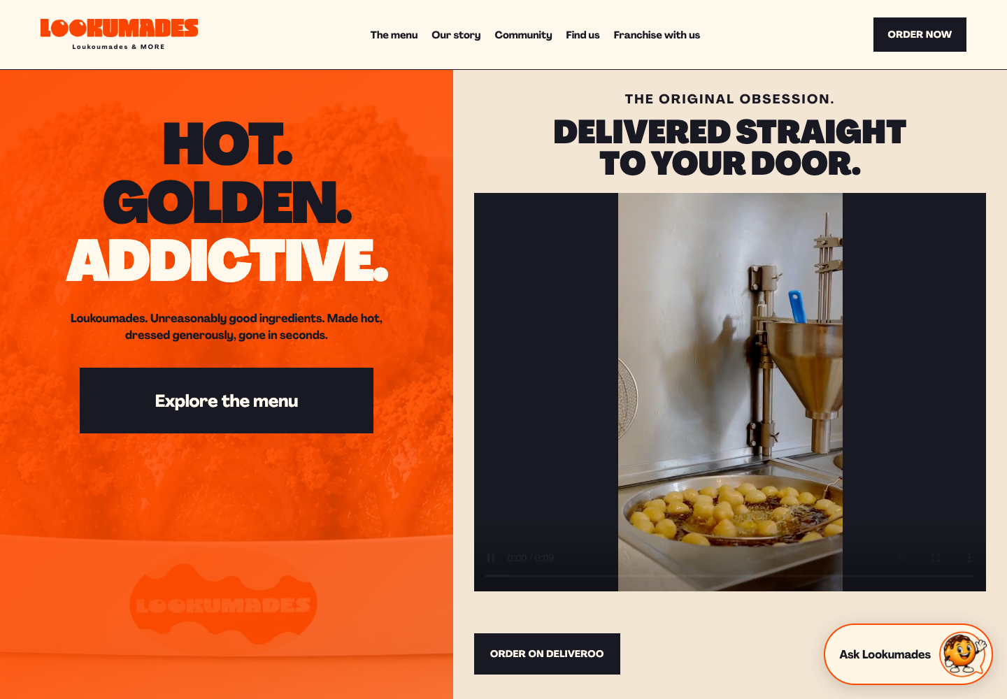 Lookumades website design with orange branding and a doughnut-making video
